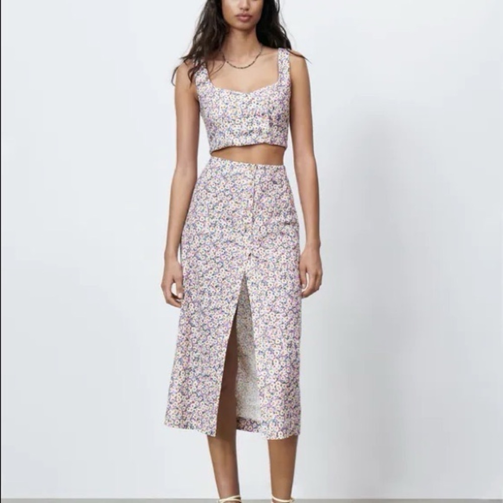 Zara Lavender Floral Midi Skirt and Crop Top Set NWT